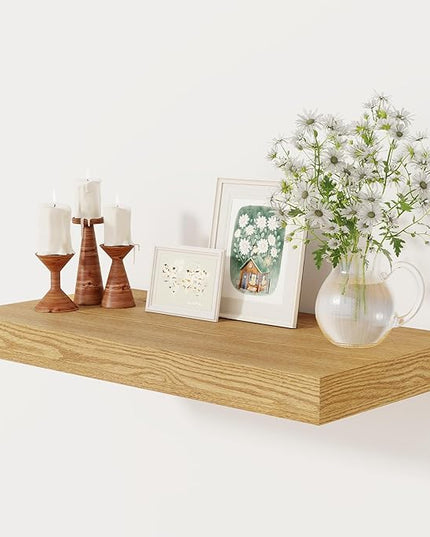 12 Inch Deep Floating Shelves, 24 x 12 Floating Shelf for Books, Rustic Wood Deep Wall Shelves for Home Storage & Display, 2" Thicked Shelves for Kitchen, Living Room, Bedroom, Oak Color, 1 Pack