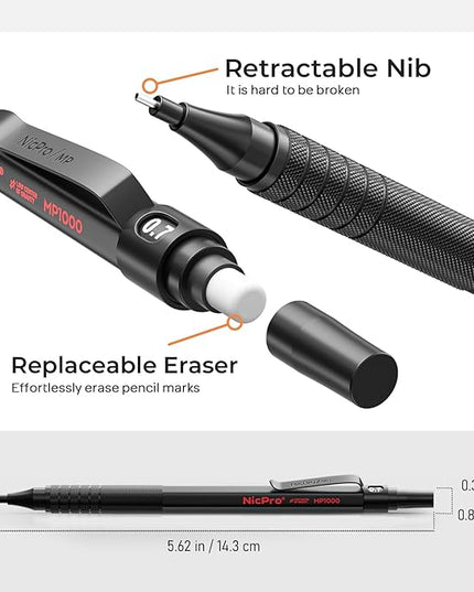Nicpro 2 PCS Mechanical Pencil 0.5mm & 0.7 mm with Case, MP1000 Metal Artist Pencil Set with 4 Tubes HB Lead Refills, 2 Erasers, 9 Eraser Refills For Art Writing Drafting, Drawing, Sketch, Black