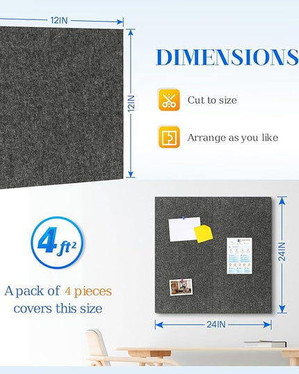 DOLLAR BOSS Felt Cork Board Tiles, 4 Packs 12" x 12" 1/2" Thick Cork Bulletin Board Self Adhesive Acoustic Panels Soundproof Corkboards for Walls with 40 Pushpins for Home Office Kitchen School, Grey