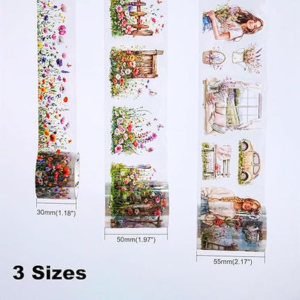 AuriicLeaf Spring Garden PET Tape Set, 3 Rolls Pre-Cut Wildflower Stickers for Scrapbooking, Journaling, DIY Crafts, and Collage Art (30 mm/50 mm/55 mm)