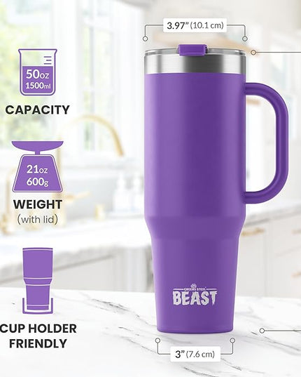 Beast 50 oz Tumbler with Handle Stainless Steel Vacuum Insulated Coffee Ice Cup Double Wall Travel Flask (Deep Purple)