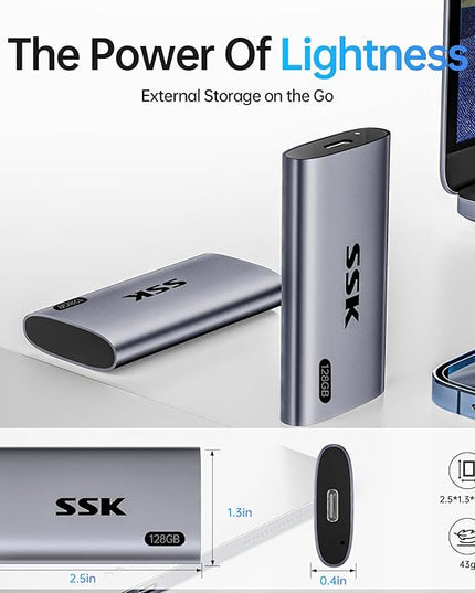 SSK 128GB SSD External Hard Drive, Portable SSD Up to 550MB/s Fast Solid State Drives, External Drive USB 3.2 Gen2 for iPhone 15/Pro, Windows, Mac, Android with LED Light, Trim, Smart Supported