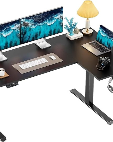 HUANUO L-Shaped Standing Desk, 63 x 40 inch Dual Motor Corner Standing Desk, Electric Height Adjustable Computer Desk with Cable Tray & 3 Preset Heights, Raising Desk for Home Office, Black, HNESD109