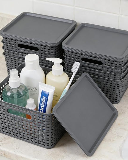 6 Pack Plastic Storage Bins with Lids, Stackable Storage Baskets with Handles, Plastic Organizer Container Bins for Desk,Shelves,Office, Pantry Organizers and Storage, Grey