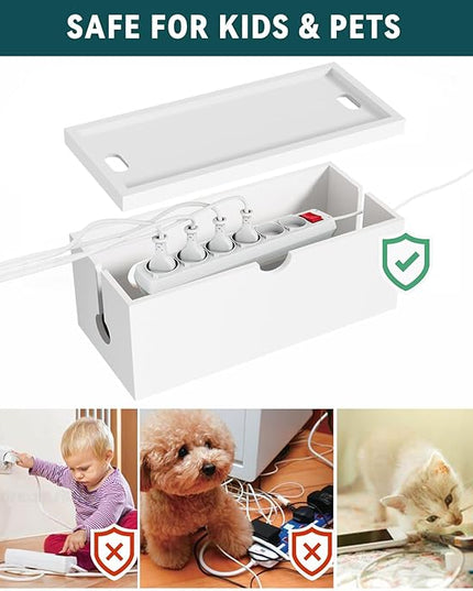 Bamboo Cable Management Box, Large Cord Organizer Box Cable Box to Hide Wires & Power Strips for Desktop Storage Cord Holder for Office Home,No Assembley Required (All White, 2 Packs(M+L))
