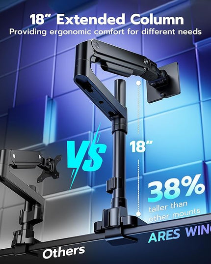 ARES WING Single Monitor Arm Desk Mount for 17-49 Inch Ultrawide Monitors, Heavy Duty Single Monitor Arm Holds 44 lbs, Full Motion Gas Spring Vertical Desk Mount, 75/100 VESA Mount, Black