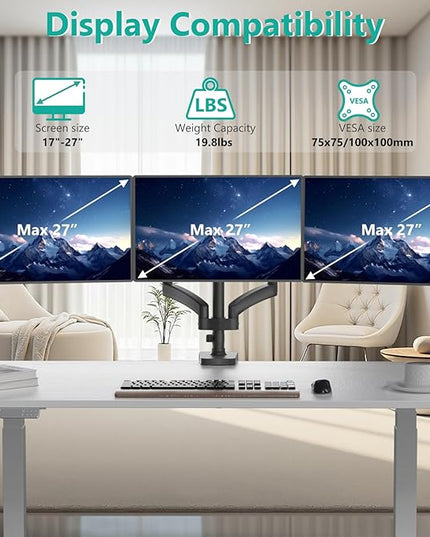 WALI Triple Monitor Mount, 3 Monitor Desk Mount with Premium Gas Spring Arm for Screens up to 27 inch, Multiple Monitors Stand with Tilt, Swivel, Rotation, Mounting Holes 75/100 mm, Black