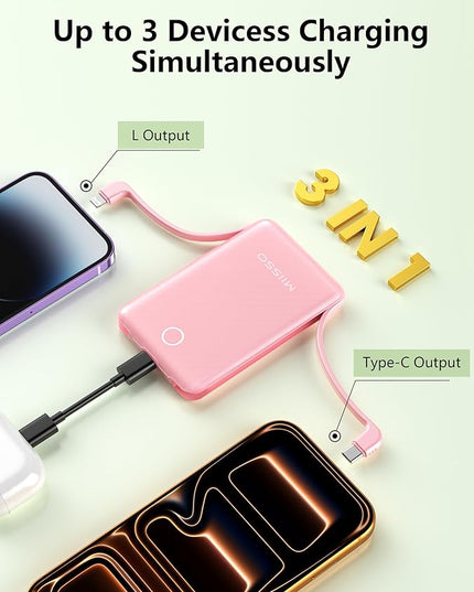 10000mAh Mini Portable Charger with Built in Cable, Pocket Size Power Bank Travel External Battery Pack for Phone, 3 Output USB Type C Cord Clutch Compatible with iPhone, Samsung, 2 Pack Black & Pink