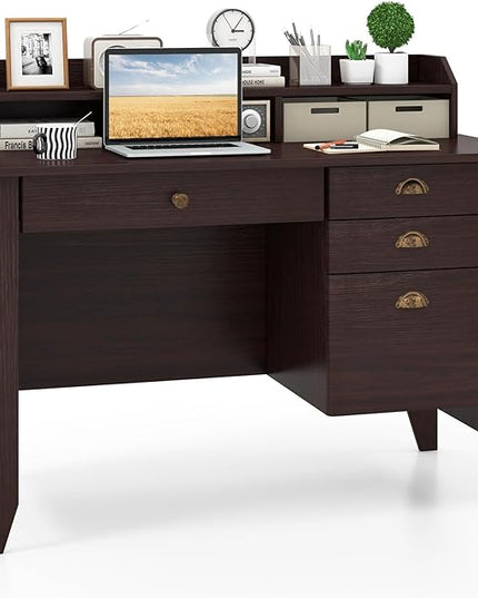 Tangkula Computer Desk with 4 Storage Drawers & Hutch, Home Office Desk Vintage Desk with Storage Shelves, Wooden Executive Desk Writing Study Desk (Brown)