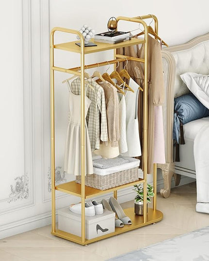 MAIKAILUN Gold Clothing Rack, 39“L Modern Industrial Clothes Rack for hanging Clothes with Top Rod and 3-Tier Shelves, Multi-functional Heavy Duty Garment Rack Cloest Organizer Coat Rack for Boutique