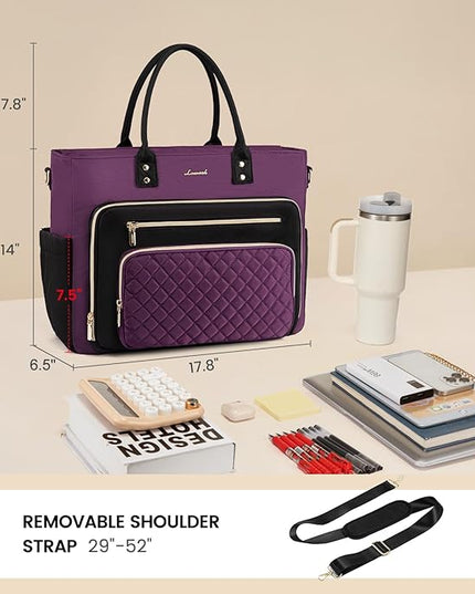 LOVEVOOK Teacher Tote Bag for Women Work, Laptop Bag Work Tote Bag Nurse Bags With Large Cup Holder, Professional Computer Briefcase Business Large Purses Handbag, Diaper Bag Mother Gift, Black-Purple