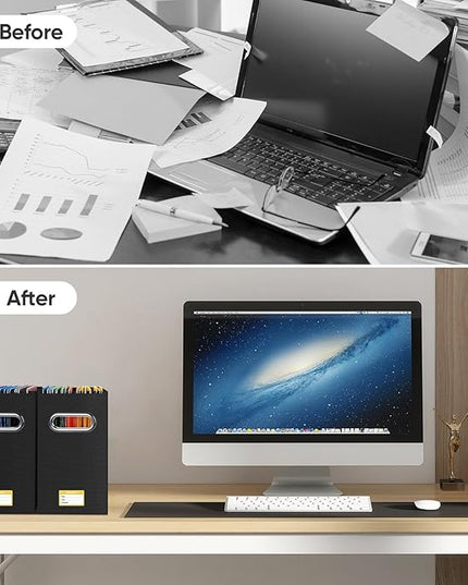 BALEINE File Organizer Box, Cardboard File Folder Organizer with Handle for Letter Size, Portable Collapsible Hanging Filing Box for Home Office Document Storage (4 Pack, Black)