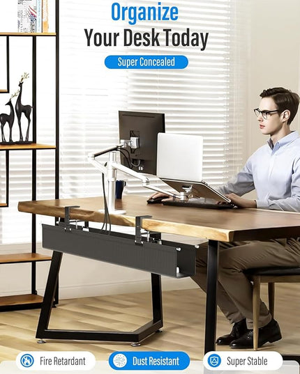 [Upgraded] 28.4" Under Desk Cable Management Tray, Orapoke Cable Management Under Desk No Drill, Large Fabric Cord Hider for Wire Organization, Cord Organizer Supports Up to 30lbs for Office, Home