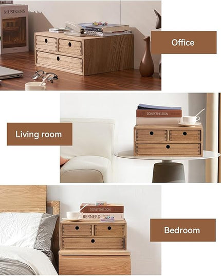 Kirigen Wooden Desktop Organizer - Office Supplies Filing Tidy Storage Shelf - Storage Cabinet/Jewelry Organizer with 3 Drawers(BR, 2-Layer &3 Drawers)
