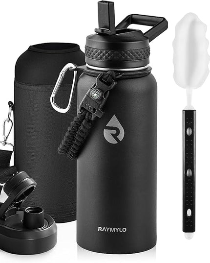 Insulated Water Bottle 32 oz, Triple Wall Vacuum Stainless Steel (Cold for 48 Hrs), Leak Proof & Non-BPA, Modern Water Flask Jug with Paracord Handle & Straw Spout Lids, Magic Black