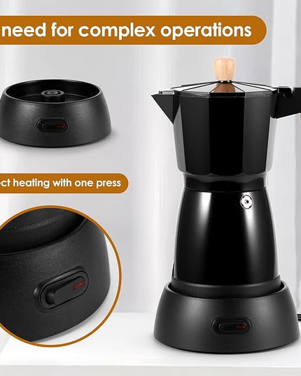 Electric Espresso Coffee Maker, 6 Cup Coffee Pot with Detachable Base Portable Aluminum Italian Moka Maker Electric Moka Pot for Home Cafe Outdoor Office