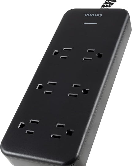 Philips 6-Outlet Surge Protector, 8 Ft, Braided Cord, 1080 Joules, Adapter-Spaced, Black, SPC6066BB/37