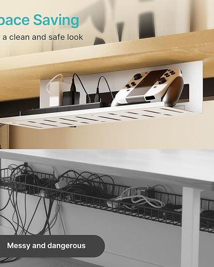 Under Desk Cable Management Tray, 15.7 Inches Metal Cord Organizer Rack, Desk Tray for Power Strip, Cord, Wire, Easy Mounting Cable Management Under Table for Home Office, White