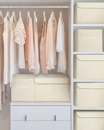 Large 22 Quart [4-Pack] Linen Fabric Foldable Storage Bin Cube Organizer Basket with Flip-Top Lid & Handles, Clothes Blanket Box for Home, Office, Closet (14.6 x 9.5 x 9.5, Beige)