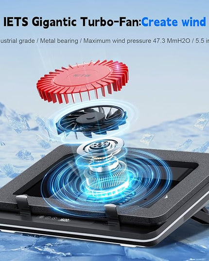 IETS GT600 Laptop Cooling Pad Equipped Gigantic Turbo-Fan（5.5inch Diameter）,Sealed Foam for Rapid Cooling Gaming Laptop,14.1-19.3 inch Laptop Cooler with Adjustable Brackets,Dust Filter,Touch Start