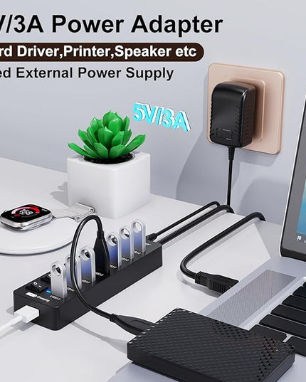 Powered USB Hub 3.0,VEMONT 7 Ports Multi USB hubs and 1 USB Smart Charging Port with 5V/3A Power Supply,USB Extension Splitter with Individual On/Off Switches and 4ft/1.2m Long Cable for PC/Laptop