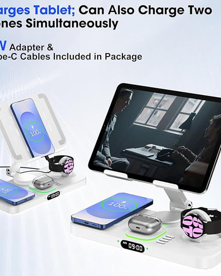 30W Tablet Wireless Charger for Samsung, Foldable Android Charging Station with Clock Display with 7-Color Light, Wireless Watch Charger for S25, Only Compatible Samsung Watch, Galaxy Buds3 Pro(White