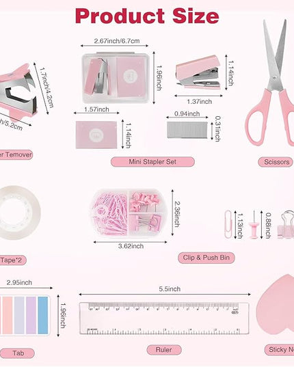 Desk Organizers and Accessories, Office Supplies 15PS Set with Stapler, Staple Remover, Pen Holder, Clips Set, Tape Dispenser, Tape, Phone Holder, 1000 Staples, Ruler, Scissors （Pink）