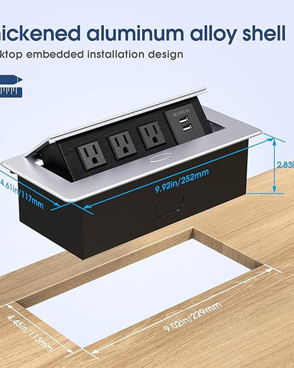 KYHSHJ Connection Box Desktop Pop Up Outlet with 2 USB Ports & 3 Outlets (Silver)