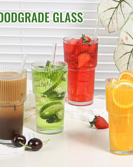 20 oz Glass Cup and Straw 3 Set, Glass Tumbler with Straw, Vintage Glassware for Whiskey Cocktail Beer, Iced Coffee Cups (3 PACK)