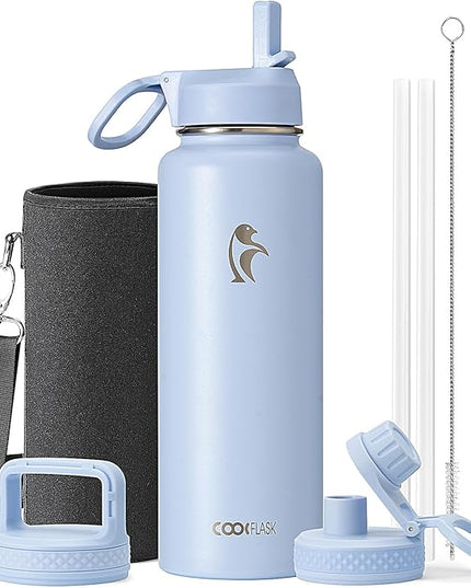 Water Bottle 40 oz Insulated with Straw&Brush, Coolflask Vaccum Stainless Steel Metal 3 Lids Water Flask for Sports, Gym or Office, Keep Cold 48H Hot 24H, Light Blue