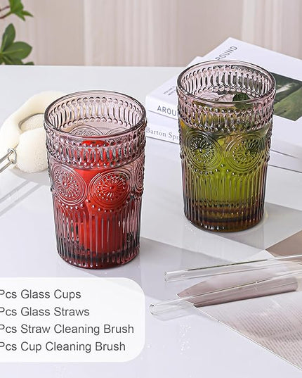 Vintage Glassware Drinking Glasses Set of 6,13 oz Purple Textured Flower Design Glass Water Tumblers，Embossed Striped Drinkware for Water,Cocktails,Juice,Iced Coffee
