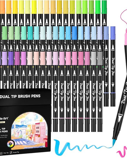 Shuttle Art Pastel Brush Pens, 56 Pastel Colouring Pens, Dual Tip Brush Markers with Fineliner Tip, Drawing Felt Tip Pens for Adults Colouring Books, Painting Sketching Calligraphy and Journaling