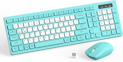 Wireless Keyboard and Mouse Combo, Full-Sized Quiet Wireless Keyboard and Adjustable DPI Mouse, 2.4GHz USB Receiver, Keyboard and Mouse for PC, Windows, Desktop, Laptop (Tiffany Blue and White-B)