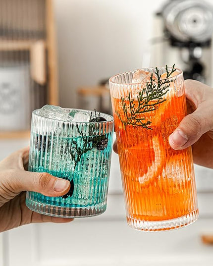 Set of 8 Ribbed Glassware, 4 Large Glasses 13 oz, 4 Rocks Glass Cups 10 oz