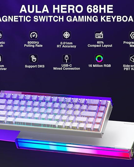 AULA Hero 68 HE 60% Gaming Keyboard Wired, Hall Effect Magnetic Switch Keyboard with Adjustable Actuation, Fast Trigger Mode, 8K Hz Polling Rate, 0.125ms Latency,Side Printed PBT Keycaps, RGB Backlit