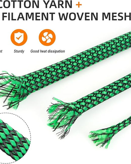 Braided Expandable Cable Sleeve, 25ft PP Cotton and PET Braided Cable Management, Flexible Mesh Wire Loom and Cable Protector for TV, Computer, Home Theater, Automotive (Green, 5/16")