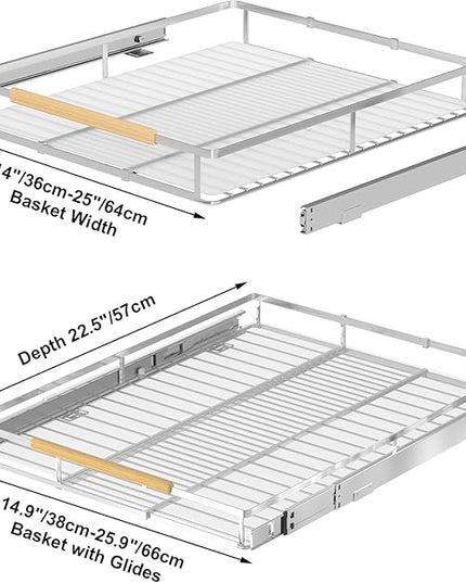 Pull Out Cabinet Organizers,Expandable Slide Out Wire Storage Drawers,Adjustable Width W:14.9”-25.9” x D:22.5”,2 packs of Stainless Steel Gliding Cupboard Wire Shelves for Pot and Pans,Chrome Plated