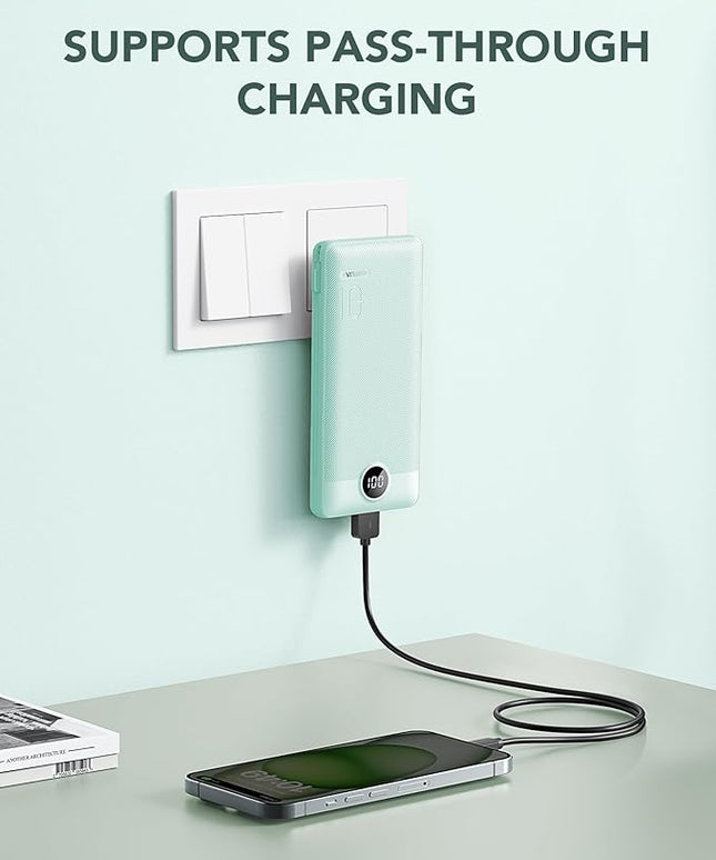 VRURC Portable Charger Built-in Cables and AC Wall Plug, USB C Power Bank 10000mAh, Travel Battery Portable Phone Charger Compact Lightweight External Battery Pack for Smart Phones, Tablets etc-Green