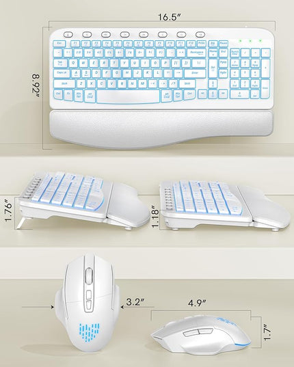 SABLUTE Ergonomic Wireless Keyboard and Mouse Combo - Wave Keyboard with Soft Leather Wrist Rest, Resistant Keys, RGB Backlit Rechargeable Set for PC/Mac/Chromebook (White)
