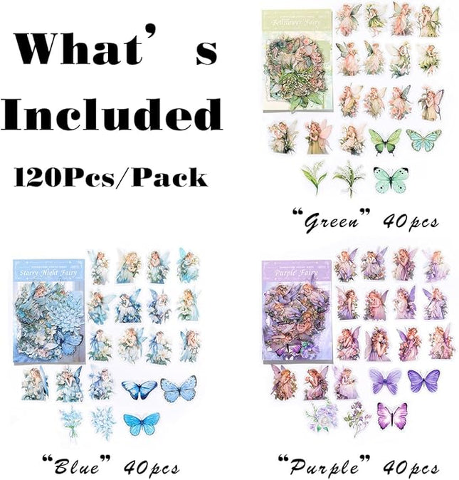 SIBLYMONA Vintage Fairy Stickers 120Pcs Transparent Stickers for Scrapbooking Journaling, Floral Butterfly Cottagecore Junk Journal Scrapbook Supplies, Rub On Transfers for Crafts (120, Blue)