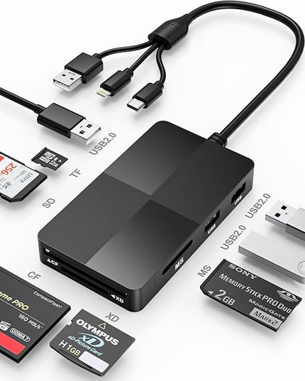 Memory Stick Pro Duo Reader Adapter, 8 in 1 SD/MS/TF/CF/XD Card Reader with 3 USB 2.0 Ports, L-ightning+USB A+USB C, Multi Memory Card Reader Support OTG, Fast Data Transfer