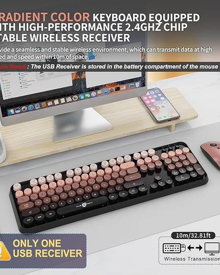 FOPETT Wireless Keyboard and Mouse Combo - 2.4G Full-Sized Cute Colorful Mouse and Keyboard with 104 Round Keys Retro Typewriter Keyboard for Laptop/Windows/PC - Pink Gradient