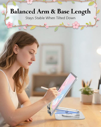 Tablet Stand for iPad, 360° Rotating Aluminum Foldable Holder – Adjustable Desk Stand | Fits iPad Pro 12.9/11,Samsung Galaxy Tab – Portable for Home, Office & Travel,Silver