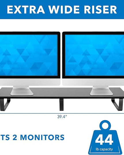 Mount-It! 39" Extra Long Dual Monitor Stand Riser – Ergonomic Desk Organizer for 2 Monitors, Laptop, TV, or Printer – Heavy-Duty Steel & Wood Desktop Shelf with Storage – Supports 44 Lbs – Black