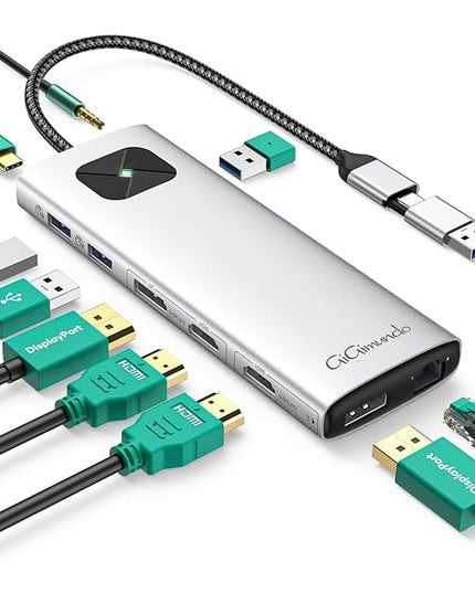 GiGimundo LK10 10 in 1 Laptop Docking Station Dual Monitor, USB C Hub Dual 4K@60Hz HDMI, 2 DP, 3 USB A, 100W PD, 1000Mbps Ethernet, 3.5MM Audio, USB Multiport Adapter for MacBook/DELL/HP/Lenovo