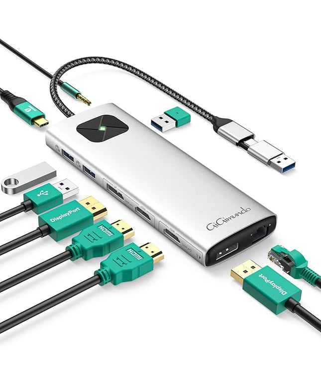 GiGimundo LK10 10 in 1 Laptop Docking Station Dual Monitor, USB C Hub Dual 4K@60Hz HDMI, 2 DP, 3 USB A, 100W PD, 1000Mbps Ethernet, 3.5MM Audio, USB Multiport Adapter for MacBook/DELL/HP/Lenovo