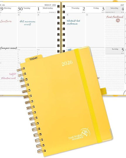 POPRUN 2026 Planner (Medium Size 8.5'' x 6.25'' Wire-Bound Hard Cover) Daily Weekly and Monthly Calendar - Agenda 2026 (Jan.2026-Dec.2026) with Hourly Schedule, Monthly Tabs - Light Yellow
