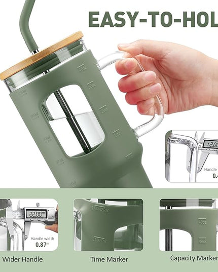 Glass Tumbler with Straw and Lid, 40 oz glass cup with handle, Glass Water Bottles with Time Marker, Silicone Protective Sleeve-Olive