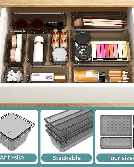 WOWBOX 44 PCS Clear Plastic Drawer Organizer Set, 4 Varied Size storage Bins and Desk Drawer Organizer Trays for Makeup, Gadgets, Jewelry and Utensils in Bathroom, Bedroom and Office, Clear Black