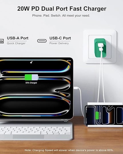 20W USB C Fast Charger, 3Pack Durable Dual Port PD 3.0 with USB A Wall Charger Block for iPhone, iPad Pro, AirPods Pro, Samsung Galaxy, Motorola, LG, Google Pixel Brick Plug Power Adapter(Green)